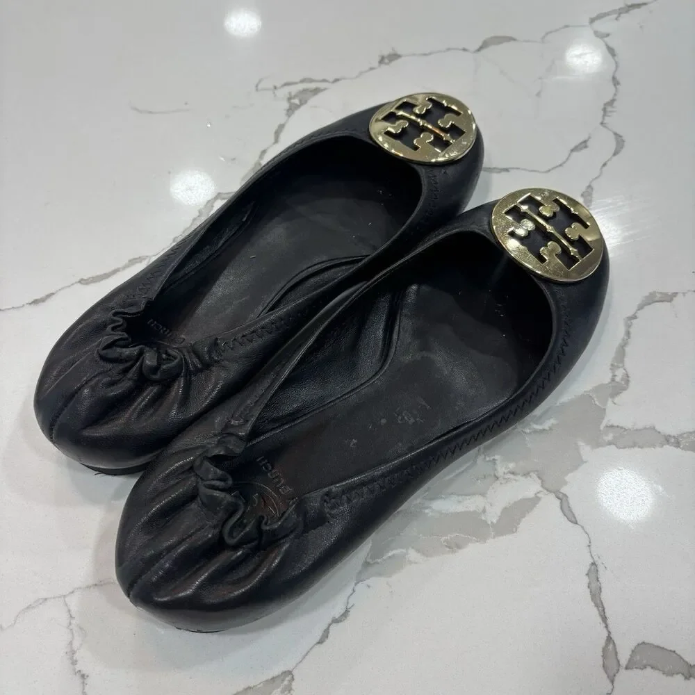 Tory Burch Shoes Womens Size 8.5 Black Minnie Travel Ballet Flat Napa Leather